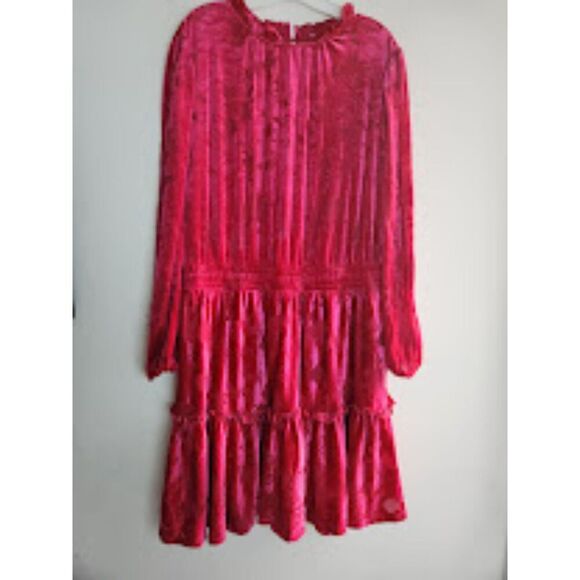 Eloquii Pink Magent Burnout Floral Velvet Ruffle Neck A-Line Smocked Dress sz 20 - Picture 2 of 13